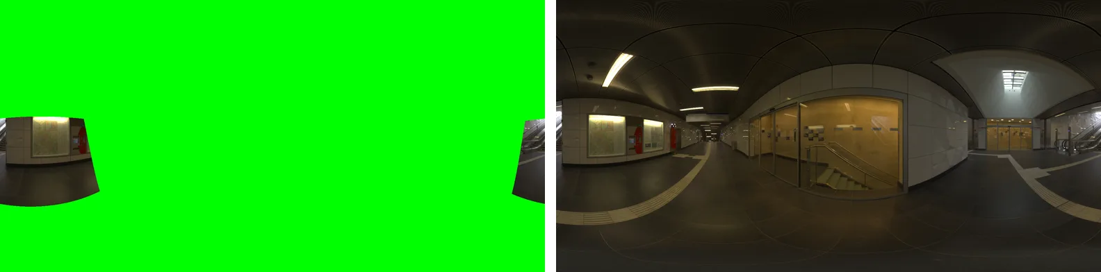 緑の背景に写真が一部だけ置かれたパノラマ画像と、完成した地下通路の 360° パノラマ